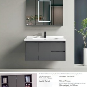 Ensemble de meuble-lavabo de salle de bain moderne avec lavabo en céramique - Armoire en bois massif et miroir combinés en noyer neuf, garantie 5 ans, chambre à coucher et salle à manger - Product Image 2