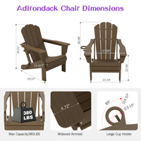 Chaise Adirondack en HDPE, chaise pliante d'extérieur durable avec porte-gobelet, impression couleur intégrale pour pelouse, patio, terrasse et foyer - Brun