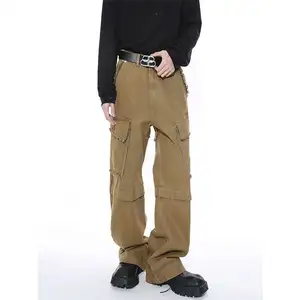 HKNZ热卖复古多口袋男士牛仔裤黄色牛仔货物牛仔裤宽松合身男士牛仔裤