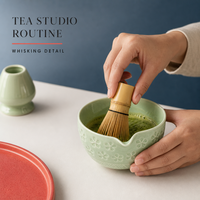 Ensemble de thé matcha en céramique en gros, 8 pièces, design Sakura, fouet, bol, cuillère, passoire, boîte cadeau