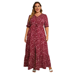 Vestido de talla grande XL-5XL, estilo bohemio, con cuello en V, manga corta, estampado, largo, para playa, para mujer - Product Image 4