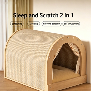 Casetta per Gatti in Legno con Tiragraffi, Cuccia Chiusa per Gatti, Tiragraffi per Gatti in Cartone Ondulato - Product Image 6