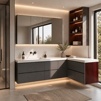 Meuble de salle de bain personnalisé avec armoire miroir, tiroirs en forme de L, plan de travail et étagère latérale éclairée