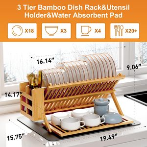 Wholesale 3 Tier <b>Collapsible</b> Dish Drying Rack OEM ODM Custom Logo Utensil Holder Absorbent Mat Non-Folding Modern <b>Storage</b> - Product Image 3