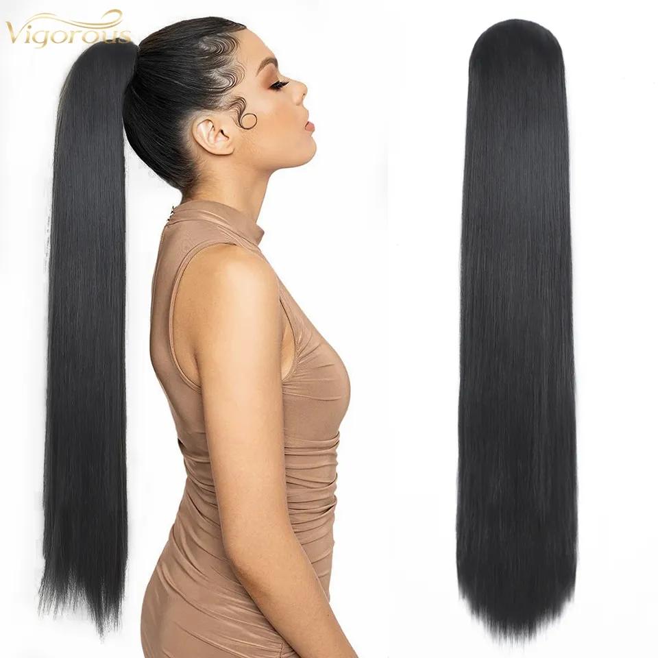 Long Straight Silk Ponytail Synthetic Wholesale Drawstring Ponytail 26 inch Organic Fiber Clip in Hair Extension for Black Women