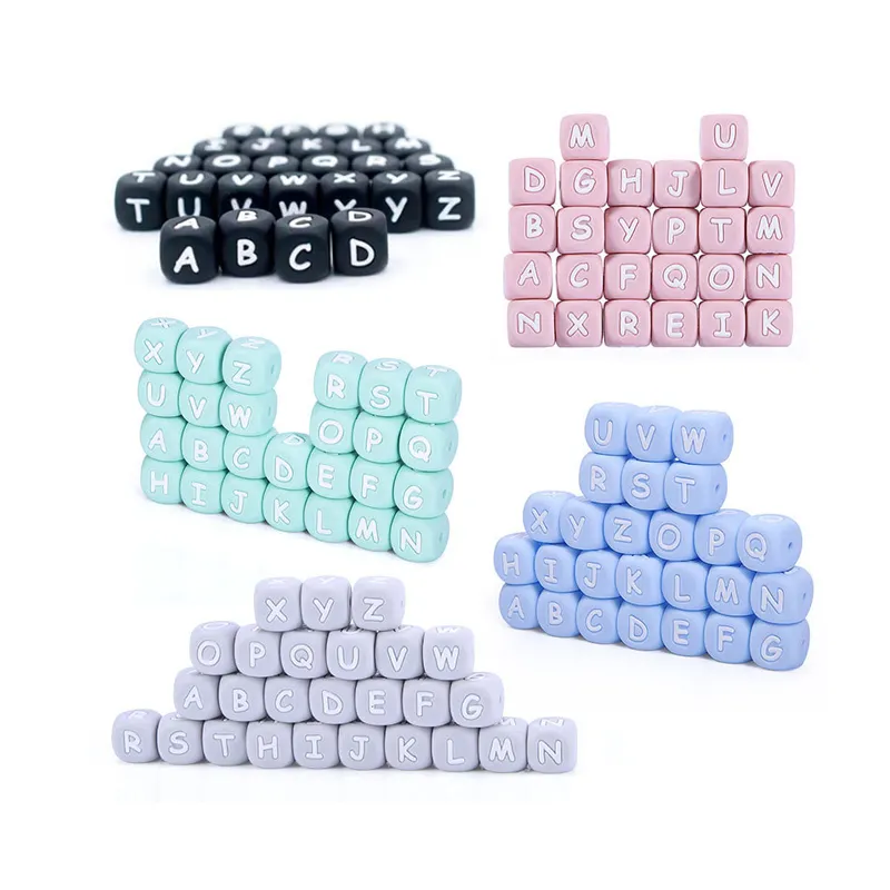 Wholesale Print Bpa Free Baby Alphabet Bead Food Grade Soft Baby Teething 15mm Chew Silicone Letter Beads