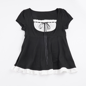 Camiseta informal Y2K de manga corta con cuello cuadrado y lazo para mujer, con volantes en contraste de color, estilo babydoll, ajuste ceñido y lindo - Product Image 6