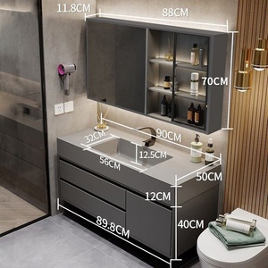 Armoire <span class=keywords><strong>de</strong></span> <span class=keywords><strong>salle</strong></span> <span class=keywords><strong>de</strong></span> <span class=keywords><strong>bain</strong></span> murale intelligente avec lavabo, comptoir en <span class=keywords><strong>bois</strong></span> <span class=keywords><strong>massif</strong></span> multicouche et pierre microcristalline, gris, certifiée CE - Product Image 6
