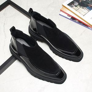 Bottes en cuir verni noir pour homme, bout carré, côtés élastiques, bottes à la cheville, semelle en caoutchouc antidérapante, toutes saisons - Product Image 2