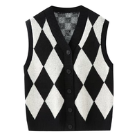 Rompi Rajut Kancing Khusus 100% Katun Anti Kusut Tanpa Lengan V-Neck Motif Kotak-Kotak Pria Sweater Vest Musim Gugur