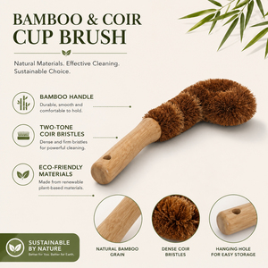 <span class=keywords><strong>Brosse</strong></span> de nettoyage écologique en fibre de coco torsadée avec manche en bambou et trou de suspension pour bouteilles à col étroit – Éponge de cuisine - Product Image 2