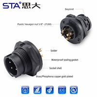 Conector Impermeable IP68 de 5/8"-27UNS, Adaptador Bayoneta Macho-Hembra de 2, 3 y 4 Pines, Código B, Montaje en Panel Trasero/Delantero, Receptáculo para Soldadura en PCB