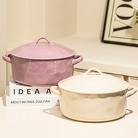 Bol à soupe en céramique de luxe à double poignée avec couvercle, grande capacité, design profond, compatible micro-ondes, pour usage domestique, bol à nouilles, mariage