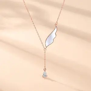 Mother Pearl Shell Angel's Wing Necklace Pendant Cubic Zirconia Couple Lover Necklace Jewelry 925 Silver