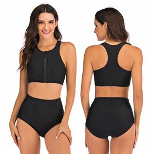 <span class=keywords><strong>Costume</strong></span> da bagno bikini da donna personalizzato <span class=keywords><strong>nero</strong></span> a tinta unita, 2 pezzi: top corto a canotta con <span class=keywords><strong>reggiseno</strong></span> e slip a vita alta con decorazioni a cerniera - Product Image 2