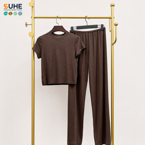 Ensemble de détente 2 pièces SUHE pour femme en soie modale, haut à manches courtes et pantalon large, noir uni, vêtements de nuit décontractés, taille élastique, confortable - Product Image 5