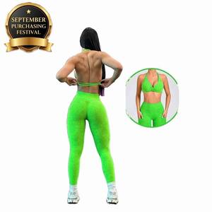 LUMIARA | September Festival Offer Custom Logo Neon Green Yoga Set Backless Sports <b>Bra</b> & Scrunch Butt Leggings Wholesale Bulk - Product Image 2