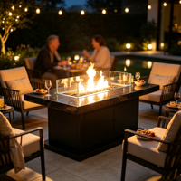 Table de foyer extérieur en métal avec revêtement en poudre résistant aux intempéries, avec pare-vent en verre trempé, 50000-74999 BTU, écologique