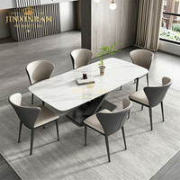 Table à manger longue avec plateau en marbre blanc, base en métal noir mat à double V, meubles de cuisine, de maison et de restaurant, sur mesure, 6 à 8 places