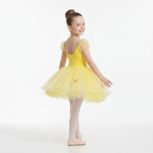 Robe tutu de ballet jaune pour filles, inspirée de Belle, avec manches bouffantes en tulle et corsage à paillettes dorées, idéale pour les récitals et les fêtes de princesses - Product Image 2