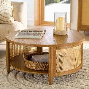 Mesa de Centro Minimalista de Madera de Roble con Acabado Color Miel Claro, Diseño de Almacenamiento con Estante de Ratán, Mesa de Centro Moderna para Sala de Estar - Product Image 1