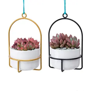 Petits Pots de plantes en céramique, Pot de fleurs avec support en métal, jardinière suspendue pour fenêtre, jardin d'herbes d'intérieur, vente en gros