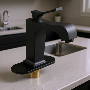 Grifo de Lavabo Monomando Negro Mate con Caño en Cascada, Botón de Desagüe, para Cocina, Baño, RV, Bar, Montaje en Cubierta, Estilo Moderno - Product Image 2