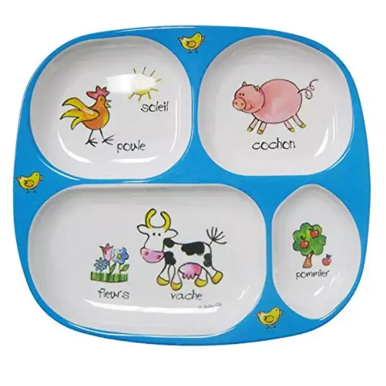 Baby 4 compartment snack plastic melamine plate dishes with divisions