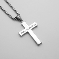 Pendentif en acier inoxydable PVD étanche et anti-ternissement avec croix et verset biblique Philippiens 4:13, bijoux de mode raffinés, colliers pour hommes