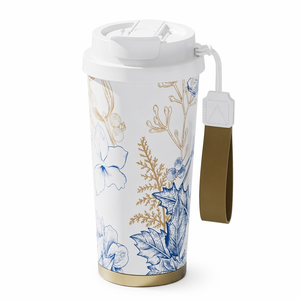 Mug de voyage minimaliste en acier inoxydable avec base dorée et étiquette pour café, design écologique - Product Image 6