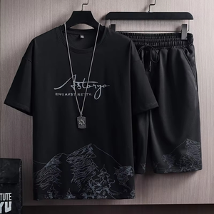 ชุดกีฬาผู้ชายสไตล์เกาหลี 2 ชิ้น เสื้อยืดแขนสั้นทรงเข้ารูป ไซส์ใหญ่ ชุดลำลองสำหรับฤดูร้อน - Product Image 2