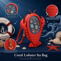 Sac à dos Ita personnalisé en forme de homard corail, en cuir PU texturé rouge, avec fenêtre de présentation ovale transparente, yeux de tige et queue segmentée, style Kawaii
