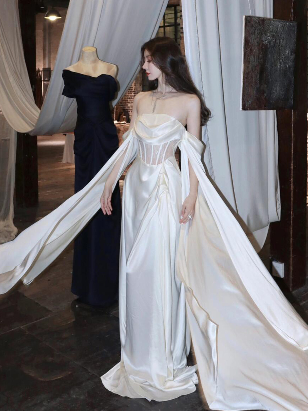 off shoulder white bridesmaid dress Off the Shoulder Satin Bridal Gown CDS513W Off the Shoulder Satin Bridal  Gown CDS513W main image 0