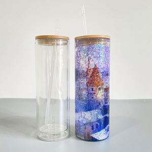 Livraison gratuite depuis l'entrepôt américain : Gobelet en verre à sublimation 20oz effet boule à neige pailletée avec couvercle en bambou et paille pour strass DIY - Product Image 5