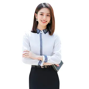 Women's Long Sleeve Chiffon Blouse Contrast Collar Embroidered Office Work Top Satin Twill Formal Dress Spring Summer Winter