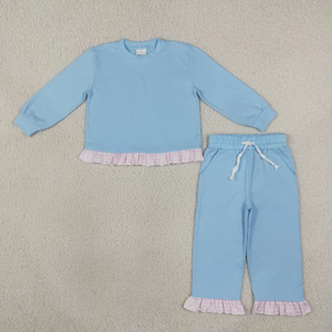 High Quality Children Solid 2Pcs Set Girls Soft Long Sleeve Top Drawstring Ruffle Pants - Product Image 3