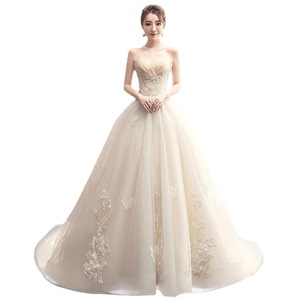 Strapless Champagne Ball Gown Wedding Dress With Embroidery Floral Print Empire Waistline Chiffon Train - Product Image 5