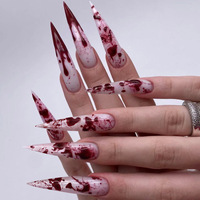 Faux ongles autocollants Halloween, motif toile d'araignée rouge et noire, style French manucure, forme stiletto, en acrylique