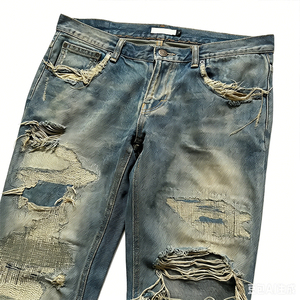 Jeans da uomo a gamba dritta distressed, pesanti 14oz, blu vintage lavato, stile grunge streetwear, con cuciture rosse, 2026 - Product Image 2
