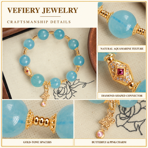 Natural Aquamarine <b>Blue</b> Round Beaded Stretch <b>Bracelet</b> with Decorative Charm for Women Custom Jewelry Wholesale - Product Image 3
