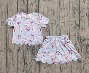 GSD3656  Tenues de yoga décontractées à manches courtes en coton et élasthanne pour petites filles actives, avec nœuds de baseball imprimés, vente en gros - Product Image 1