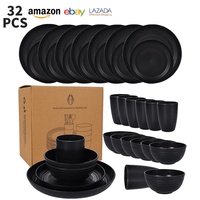 Ensemble de vaisselle en paille de blé noire et plastique PP, compatible micro-ondes, assiettes, bols, tasses, plat de service, style vintage de luxe léger