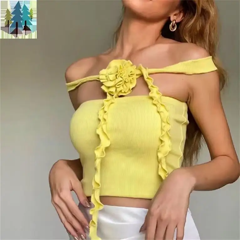 neck flower design girls sexy sleeveless top ribbed tube top 2024 women clothes