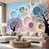 Peinture murale sur toile à l'huile, motif abstrait arbre et oiseau, papier peint moderne, cercle pastel, taille personnalisée pour salon, hôtel, bureau