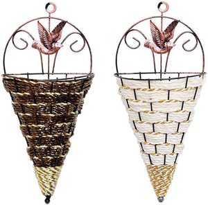 Home Garden Decoration Wicker Woven Wall-Mounted Plant <b>Pot</b> <b>Holder</b> Cone Storage Wall Hanging Flower Baskets - Product Image 3