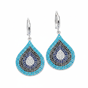 Boucles d'oreilles pendantes en turquoise et pierre bleue à clip pour femme, bijoux en argent sterling faits à la main en gros turc - Product Image 2