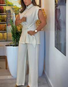 Manufactory Custom Style or Logo ODM Women Tie Shirts and Wide Leg Long Pants Suits Slim Fit Elegant Two Piece Sets Outfits - Product Image 4