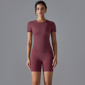 Haut court de yoga taille haute pour femme, 1 pièce, manches courtes, écologique, respirant, polyester/nylon, color block, strass, élastique - Product Image 1