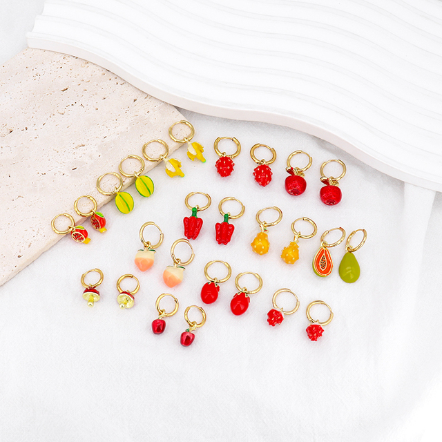 Summer Fruit Earring Set 18K Gold Plated Enamel Apple Charms Huggie Earring Hypoallergenic 316L Stainless Steel Hoop Earring