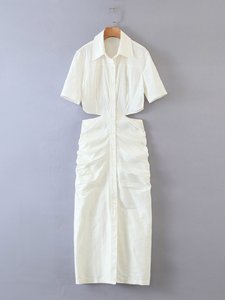 Automne nouvelle robe décontractée pour femmes à manches courtes revers simple boutonnage froissé taille ouverte durable doux automne - Product Image 4